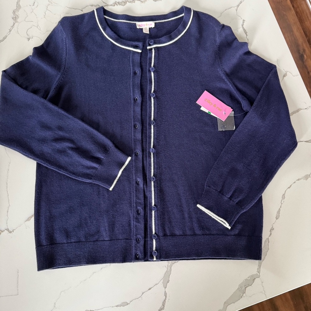 NWT Riley & Rae Crewneck Cardigan Sweater Navy w/ White Trim Cotton/Wool Blend L